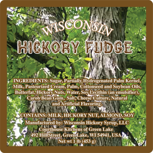 Wisconsin Hickory Syrup LLC: Wisconsin Hickory Fudge from Green Lake, Wisconsin label.