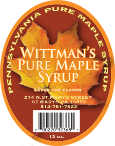 Wittman's Pure Maple Syrup: Pennsylvania Pure Maple Syrup from St. Mays, Pennsylvania label.
