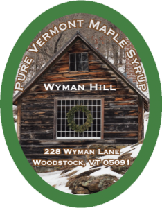 Wyman Hill: Pure Vermont Maple Syrup from Woodstock, Vermont oval label.