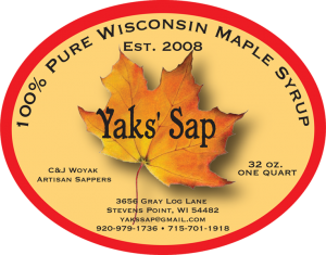 Yak's Sap: 100% Pure Wisconsin Maple Syrup from Stevens Point, Wisconsin label.