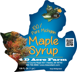 4D Acre Farm: Custom unique die cut shape maple syrup label.