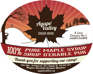 Agape Valley Sugar Bush: 100% Sirop D'erable Pur (Pure Maple Syrup) from Ridgeville, Ontario oval label.