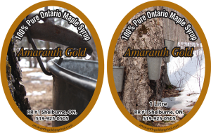 Two labels from Amaranth Gold: 100% Pure Ontario Maple Syrup from Shelburne, Ontario oval labels.