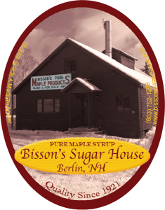 Bisson's Sugar House: Pure Maple Syrup from Berlin, New Hampshire label.