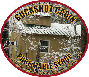 Buckshot Canin: Pure Maple Syrup from Plevna, Ontario oval label.