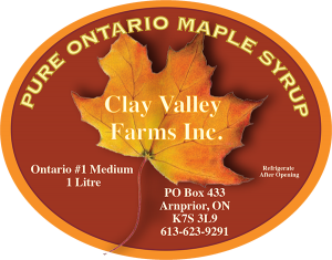 Clay Valey Farms Inc.: Pure Ontario Maple Syrup from Arnprior, Ontario label.