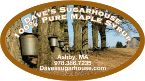Dave's Sugarhouse: 100% Pure Maple Syrup from Ashby, Massachusetts label.