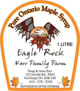 Eagle Rock Kerr Family Farm: Pure Ontario Maple Syrup from Newburgh, Ontario address label.