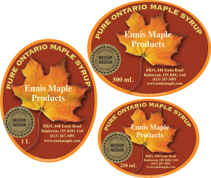 Ennis Maple Products: Pure Ontario Maple Syrup from Balderson, Ontario oval labels.