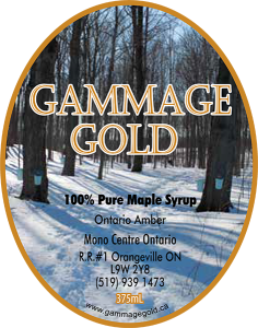 Gammage Gold: 100% Pure Maple Syrup from Orangeville, Ontario label.