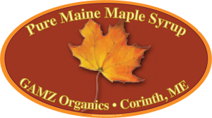 GAMZ Organics: Pure Maine Maple Syrup from Corinth, Maine label.