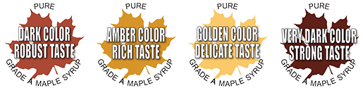 Grade A transparent labels: Dark, Amber, Golden, Very Dark pure maple syrup.