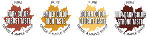 Grade A white labels: Dark, Amber, Golden, Very Dark pure maple syrup.