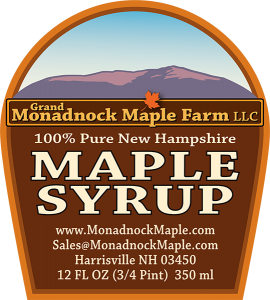 Grand Monadnock Maple Farm LLC: 100% Pure New Hampshire Maple Syrup from Harrisville, New Hampshire label.