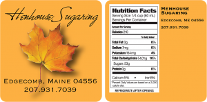 Henhouse Sugaring from Edgecomb, Maine front and back nutrition labels.
