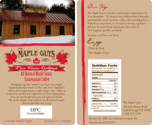 Maple Guys LLC Fair Trade Certified All Natural Maple Sugar from Manchester, New Hampshire front and back nutrition labels.