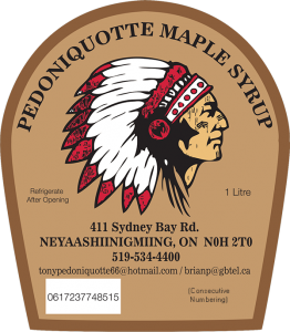 Pedoniquotte Maple Syrup from Neyaashiinigmiing, Ontario label.