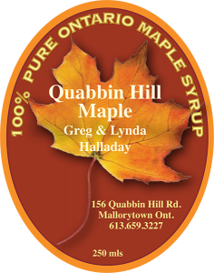 Quabbin Hill Maple: 100% Pure Ontario Maple Syrup from Mallorytown, Ontario label.