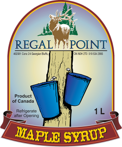 Regal Point: Maple Syrup from Georgian Bluffs, Ontario label.