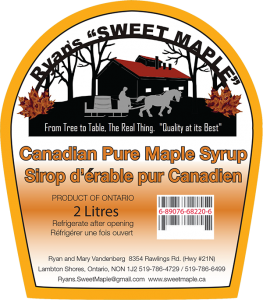 Rya's "Sweet Maple": Sirop d'erable pur Canadien from Lambton Shores, Ontario label.