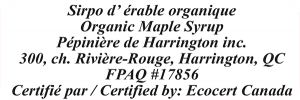 Sirpo d'erable organique from Harrington, Quebec address label.