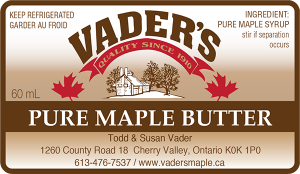 Vader's Pure Maple Butter from Cherry Valley, Ontario label.