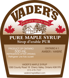 Vader's Sirop d'erable PUR from Cherry Valley, Ontario label.