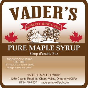 Vader's Sirop d'erable Pur from Cherry Valley, Ontario square label.