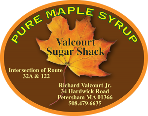 Valcourt Sugar Shack: Pure Maple Syrup from Petersham, Massachusetts label.