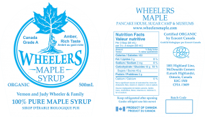 Custom clear labels for maple syrup. Wheelers Maple Syrup: Sirop D'erable Biologique Pur front and back nutrition label from Lanmark Highlands, Ontario.