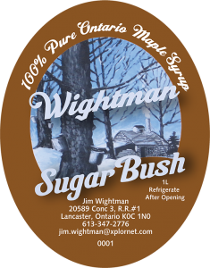 Wightman Sugar Bush: 100% Pure Ontario Maple Syrup from Lancaster, Ontario oval label.