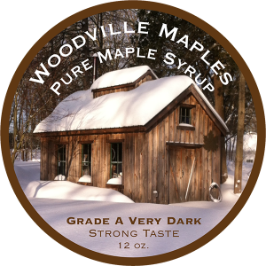 Woodville Maples: Pure Maple Syrup Grade A Very Dark circle label.