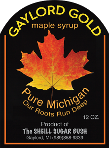 The Sheill Sugar Bush: Gaylord Gold Maple Syrup glassware label from Gaylord, Michigan.