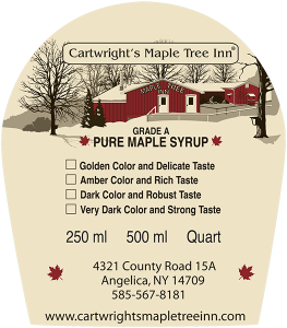 Cartwright's Maple Tree Inn: Grade A Pure Maple Syrup label with Sharpie check-boxes.