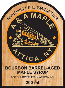 A & A Maple: Bourbon Barrel-Aged Maple Syrup label from Attica, New York.