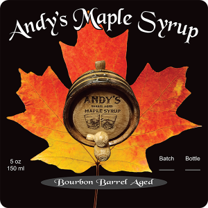 Andy's Maple Syrup: Bourbon Barrel Aged batch label from Ottumwa, Iowa.