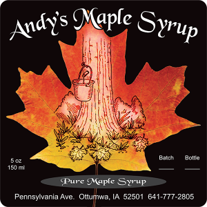 Any's Maple Syrup: Pure Maple Syrup batch label from Ottumwa, Iowa.