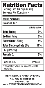 Everett Spring Farm: maple syrup nutrition facts label.