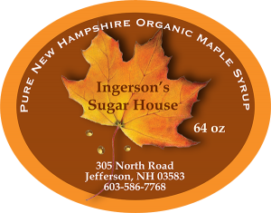 Ingerson's Sugar House: Pure New Hampshire Organic Maple Syrup 64 oz label.