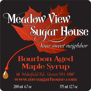 Meadow View Sugar House: Bourbon Aged Maple Syrup label from Union, New Hampshire.