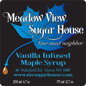 Meadow View Sugar House: Vanilla Infused Maple Syrup label from Union, New Hampshire.