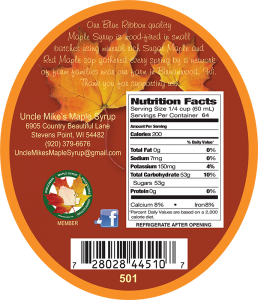 Uncle Mike's 100% Pure Wisconsin Maple Syrup Nutrition Facts Label (Gallon).