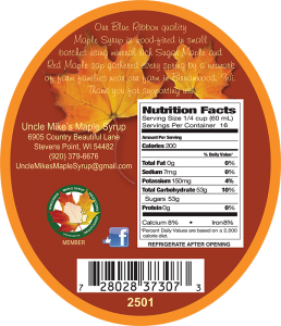 Uncle Mike's 100% Pure Wisconsin Maple Syrup Nutrition Facts Label (Quart).