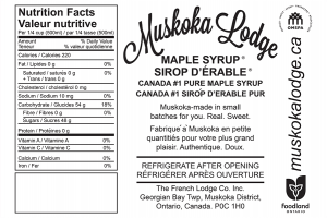 Muskoka Lodge Maple Syrup (Sirop d'érable) nutrition label from Ontario, Canada (500 ml).