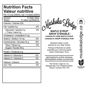 Muskoka Lodge Maple Syrup (Sirop d'érable) nutrition label from Ontario, Canada (250 ml).