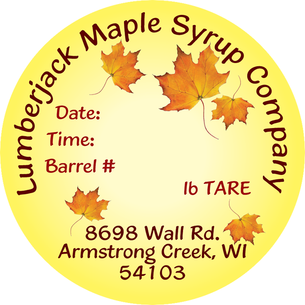 Lumberjack Maple Syrup Company from Armstrong Creek, WI stainless steel drum label.