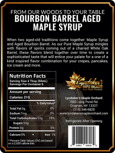 Lyndaker's Maple Orchard: Bourbon Barrel Aged Maple Syrup back nutrition label.