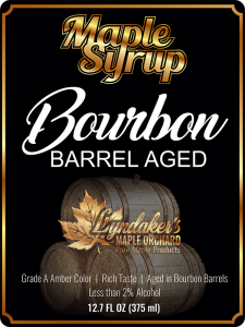 Lyndaker's Maple Orchard: Bourbon Barrel Aged Maple Syrup label (front).