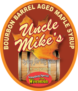 Uncle Mike's Bourbon Barrel Aged Maple Syrup for Big Kids label.