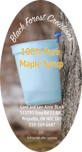 Black Forest Creations 100% Pure Maple Syrup label from Priceville, Ontario, Canada.